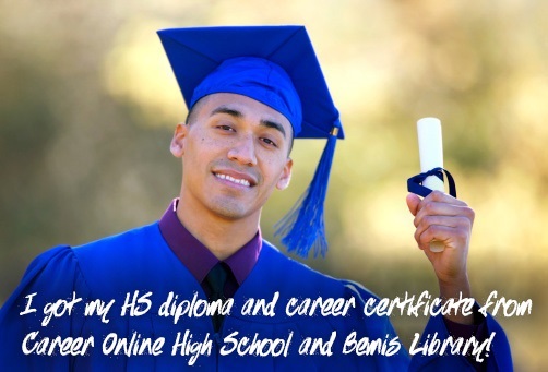 Happy male student on graduation day. I got my high school diploma at the Career Online High School at Bemis Library