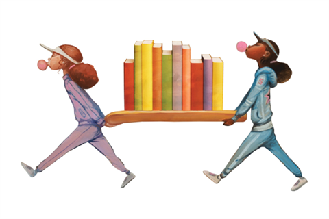Two girls chewing gum walk holding a shelf of large books between them