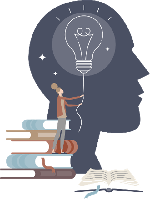Person standing on stacked books to turn on lightbulb in silhouette of head