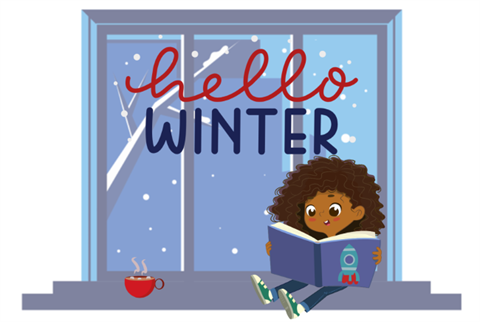 Hello Winter reading program. Child with book in front of snowy window.