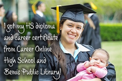 Young mother holding baby after graudation ceremony. I got my high school diploma at the Career Online High School at Bemis Library